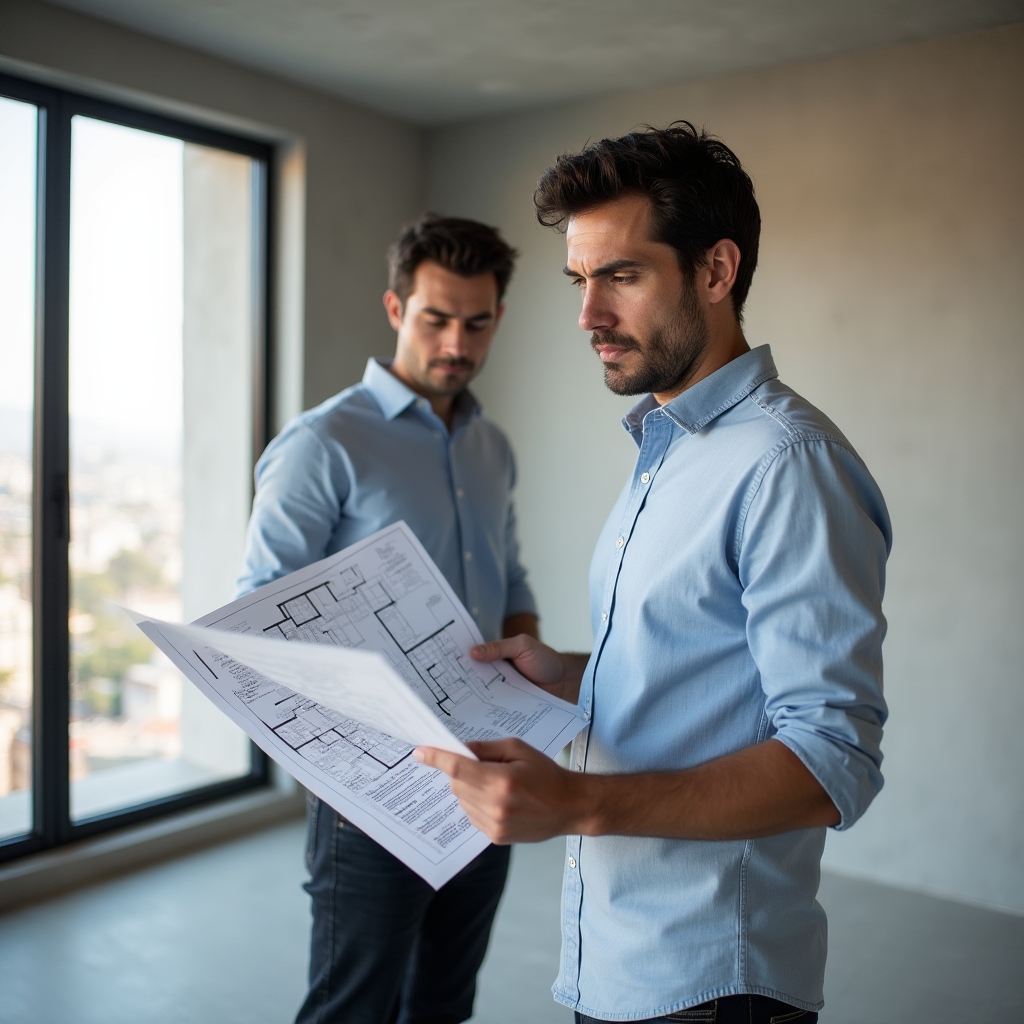 Apartment owner reviewing interior design plans for compact Santiago tower unit