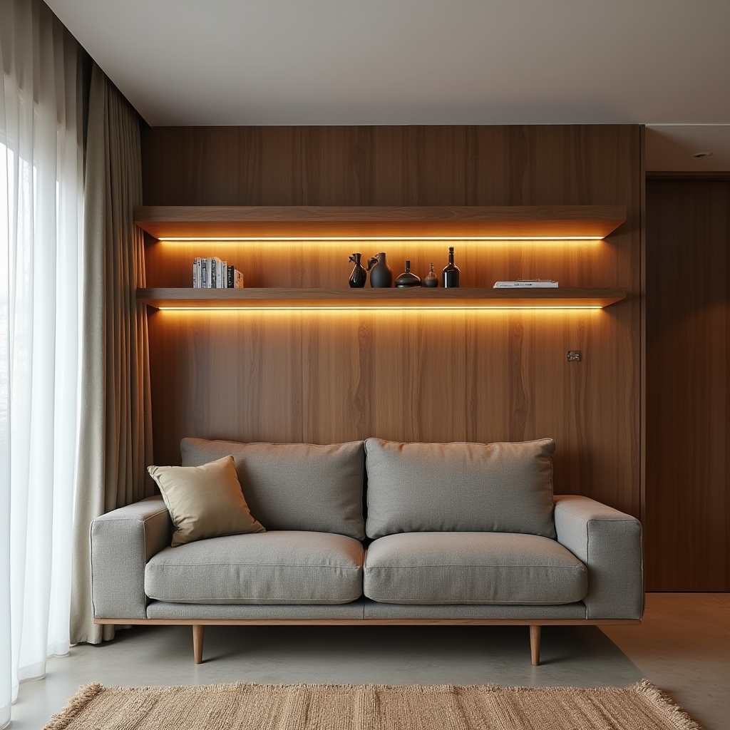 Compact apartment living room with optimized layout and warm lighting in Santiago tower